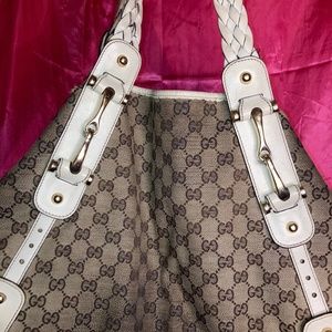 Vintage used Gucci Pelham monogram shoulder bag w/ white handles